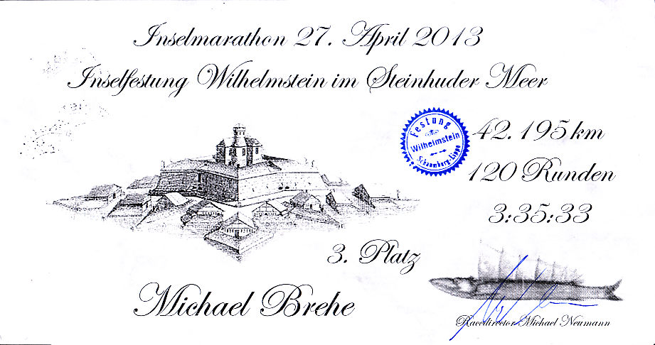 Urkunde Insel Wilhelmstein Marathon 2013